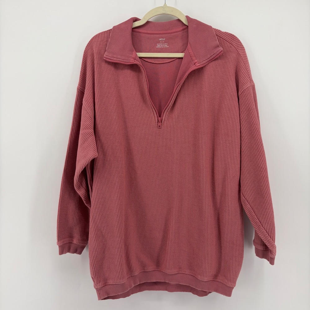 Aerie Womens S Mauve Pink Quarter Zip Pullover Ribbed‎ Cotton Oversized Sweater
